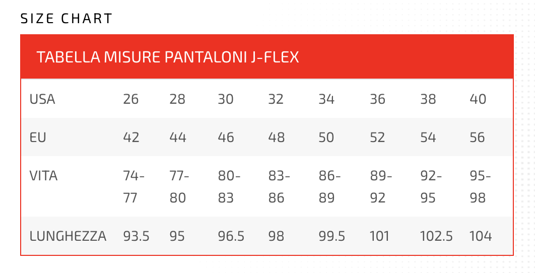 JFLEX PANTS SIZE CHART